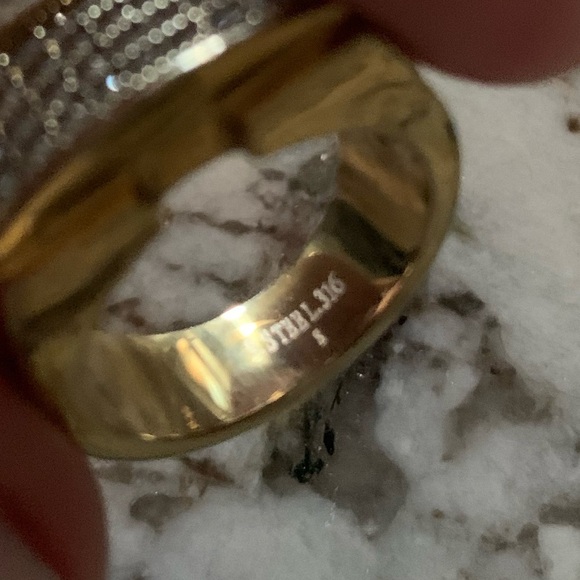 Vintage Unisex Gold Plated CZ Paved Ring, Stainless Steel, Approx. Size 8 - Picture 5 of 6